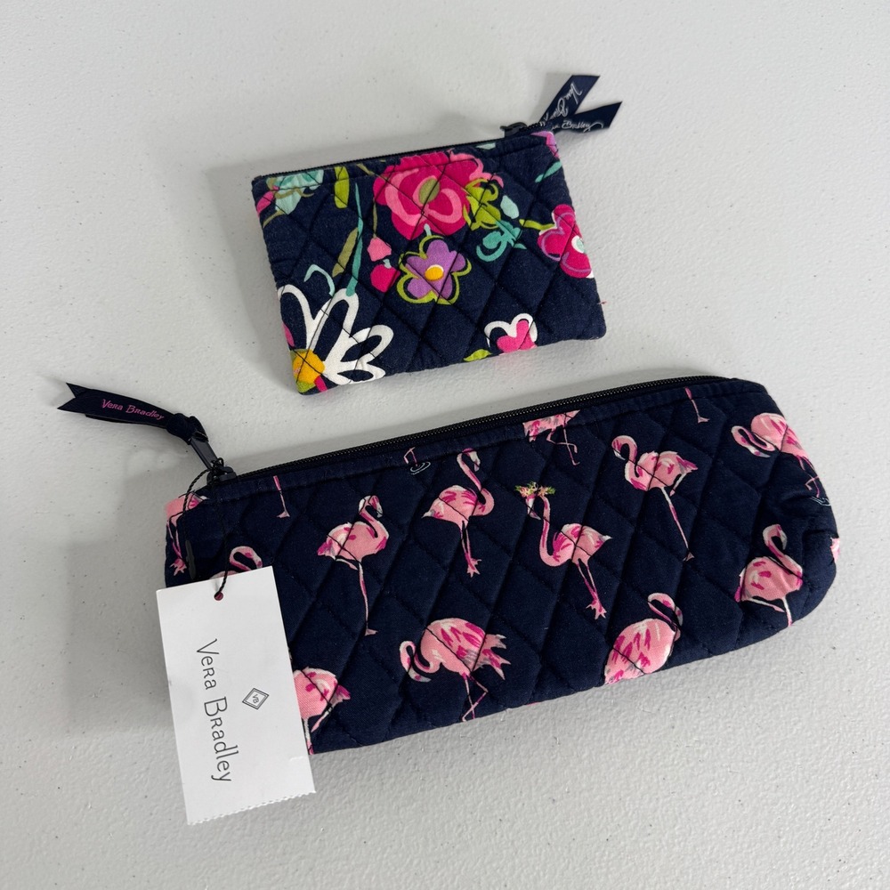 Vera Bradley Pouch Set OS Navy Flamingo Brush Pencil Case + Floral Wallet Bundle